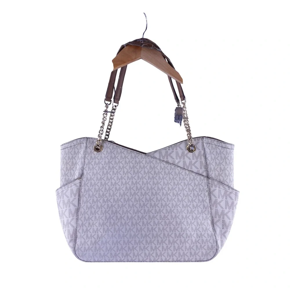 Michael Kors Jet Set Large Shoulder Tote Vanilla Monogram Chain Strap Bag
